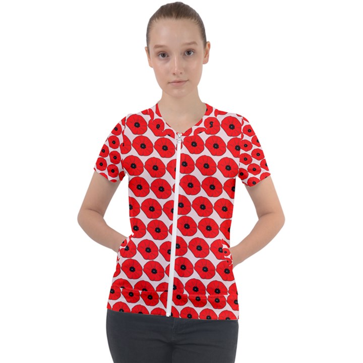 Red Peony Flower Pattern Short Sleeve Zip Up Jacket