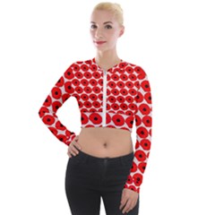 Red Peony Flower Pattern Long Sleeve Cropped Velvet Jacket by GardenOfOphir