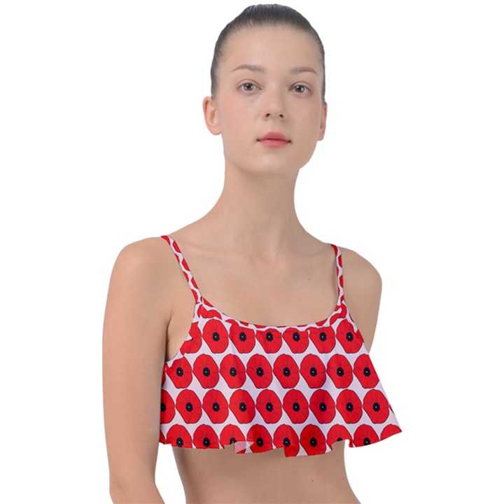 Red Peony Flower Pattern Frill Bikini Top