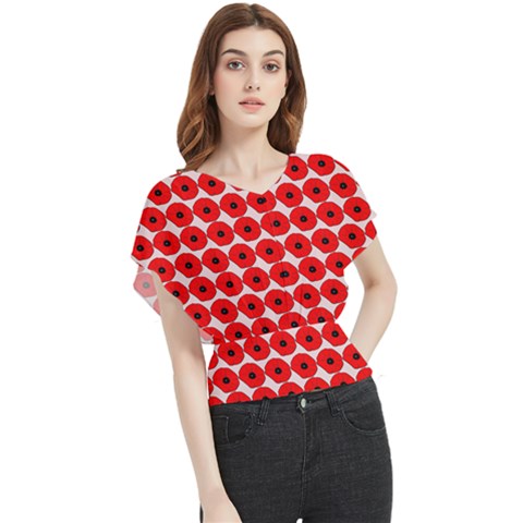 Red Peony Flower Pattern Butterfly Chiffon Blouse by GardenOfOphir