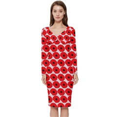 Red Peony Flower Pattern Long Sleeve V-neck Bodycon Dress  by GardenOfOphir