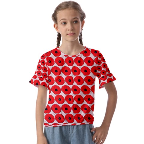 Red Peony Flower Pattern Kids  Cuff Sleeve Scrunch Bottom Tee by GardenOfOphir