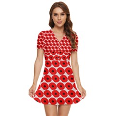 Red Peony Flower Pattern V-neck High Waist Chiffon Mini Dress by GardenOfOphir