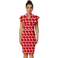 Red Peony Flower Pattern Vintage Frill Sleeve V-neck Bodycon Dress by GardenOfOphir