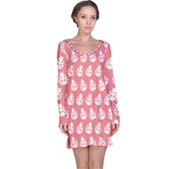 Coral And White Lady Bug Pattern Long Sleeve Nightdress by GardenOfOphir