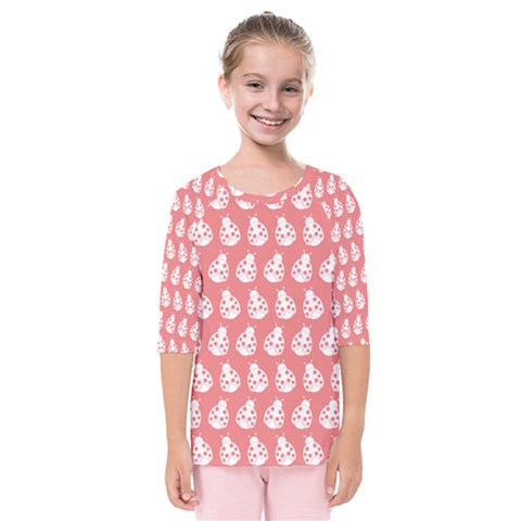 Coral And White Lady Bug Pattern Kids  Quarter Sleeve Raglan Tee by GardenOfOphir