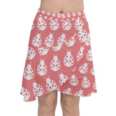 Coral And White Lady Bug Pattern Chiffon Wrap Front Skirt by GardenOfOphir