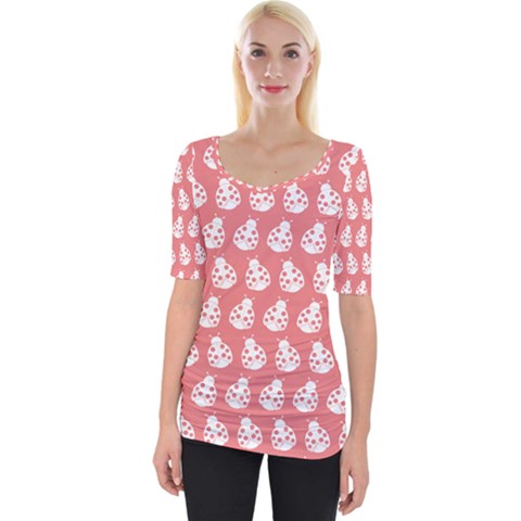 Coral And White Lady Bug Pattern Wide Neckline Tee by GardenOfOphir