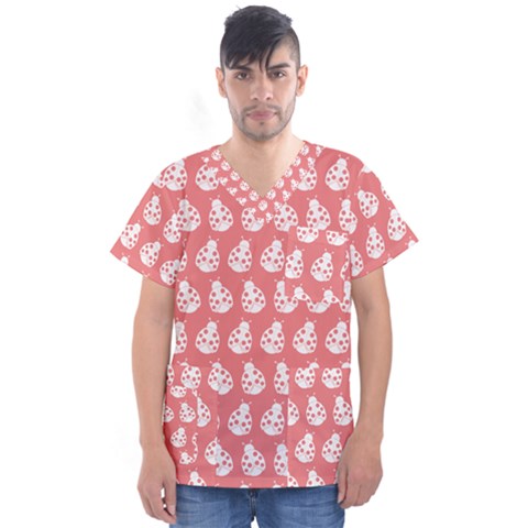 Coral And White Lady Bug Pattern Men s V-neck Scrub Top by GardenOfOphir