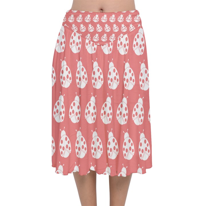 Coral And White Lady Bug Pattern Velvet Flared Midi Skirt