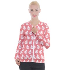 Coral And White Lady Bug Pattern Casual Zip Up Jacket by GardenOfOphir