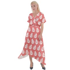 Coral And White Lady Bug Pattern Cross Front Sharkbite Hem Maxi Dress by GardenOfOphir