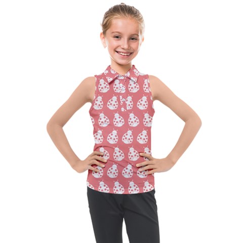 Coral And White Lady Bug Pattern Kids  Sleeveless Polo Tee by GardenOfOphir