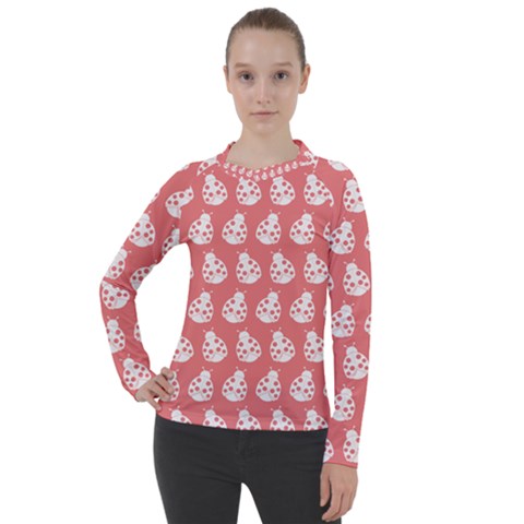 Coral And White Lady Bug Pattern Women s Pique Long Sleeve Tee by GardenOfOphir