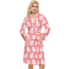 Coral And White Lady Bug Pattern Long Sleeve Velvet Robe by GardenOfOphir