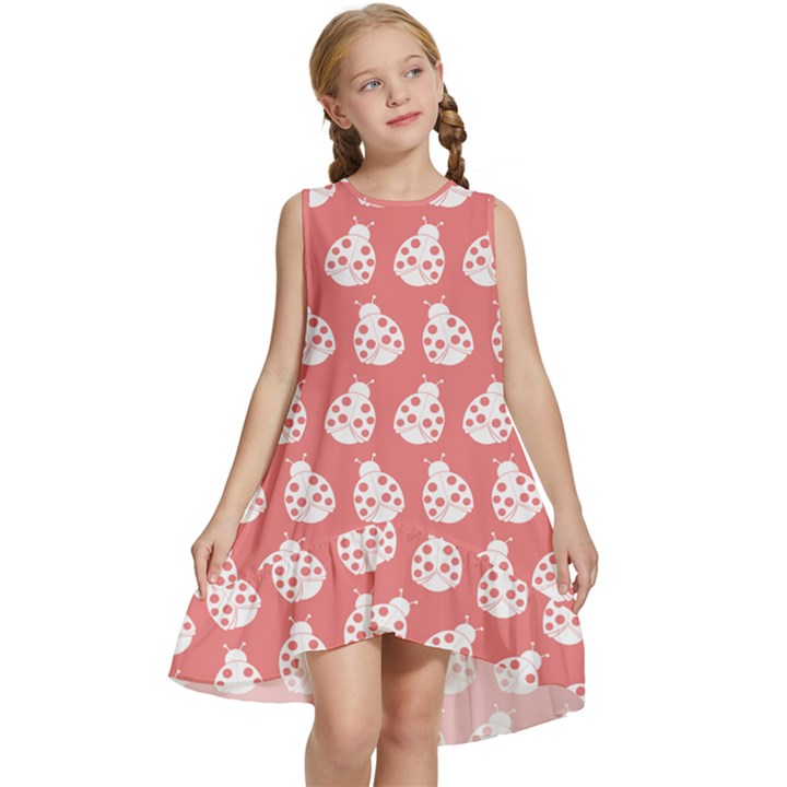 Coral And White Lady Bug Pattern Kids  Frill Swing Dress