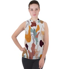 Shapes Pattern Mock Neck Chiffon Sleeveless Top by BlackRoseStore