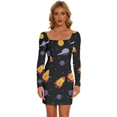 Cosmos Long Sleeve Square Neck Bodycon Velvet Dress by nateshop