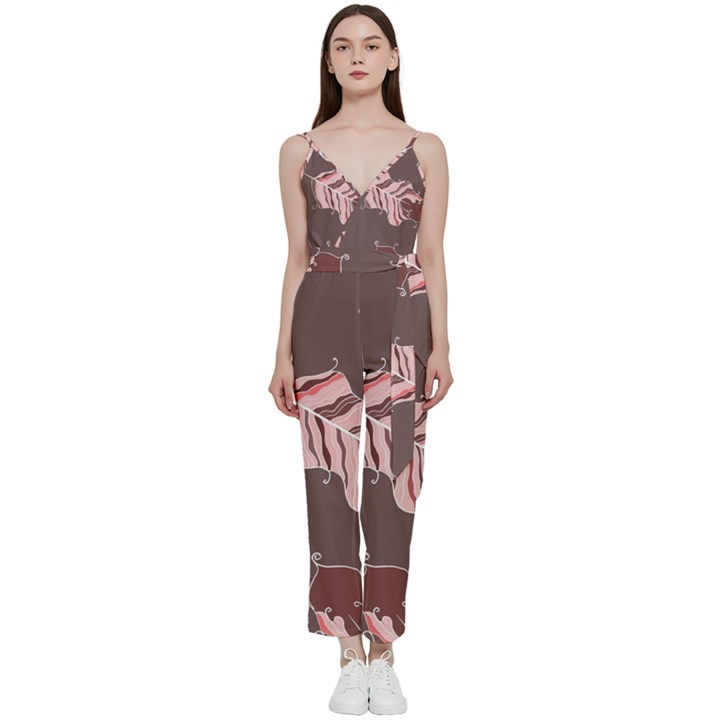 Feather V-Neck Spaghetti Strap Tie Front Jumpsuit