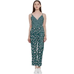 Leaves-012 V-neck Spaghetti Strap Tie Front Jumpsuit by nateshop