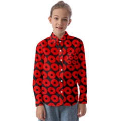 Charcoal And Red Peony Flower Pattern Kids  Long Sleeve Shirt by GardenOfOphir