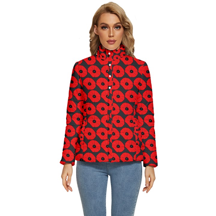 Charcoal And Red Peony Flower Pattern Women s Puffer Bubble Jacket Coat