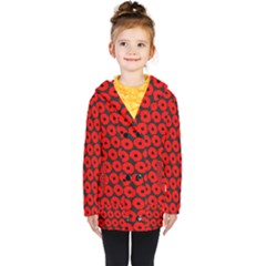 Charcoal And Red Peony Flower Pattern Kids  Double Breasted Button Coat by GardenOfOphir