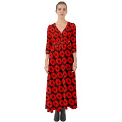 Charcoal And Red Peony Flower Pattern Button Up Boho Maxi Dress by GardenOfOphir