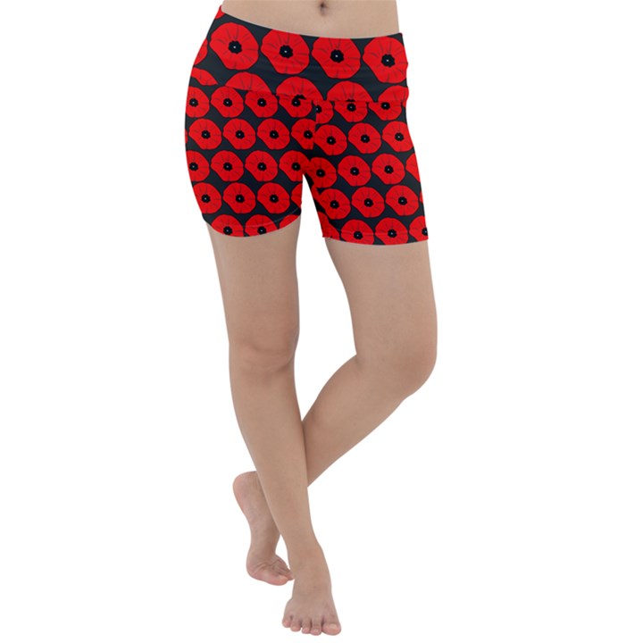 Charcoal And Red Peony Flower Pattern Lightweight Velour Yoga Shorts