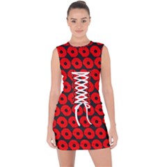 Charcoal And Red Peony Flower Pattern Lace Up Front Bodycon Dress by GardenOfOphir