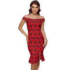 Charcoal And Red Peony Flower Pattern Off Shoulder Ruffle Split Hem Bodycon Dress by GardenOfOphir