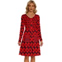 Charcoal And Red Peony Flower Pattern Long Sleeve Dress With Pocket View1