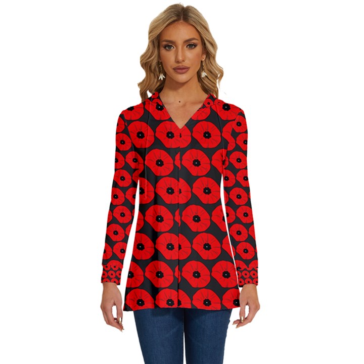 Charcoal And Red Peony Flower Pattern Long Sleeve Drawstring Hooded Top