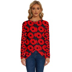 Charcoal And Red Peony Flower Pattern Long Sleeve Crew Neck Pullover Top by GardenOfOphir