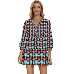 Colorful Floral Pattern V-neck Placket Mini Dress by GardenOfOphir