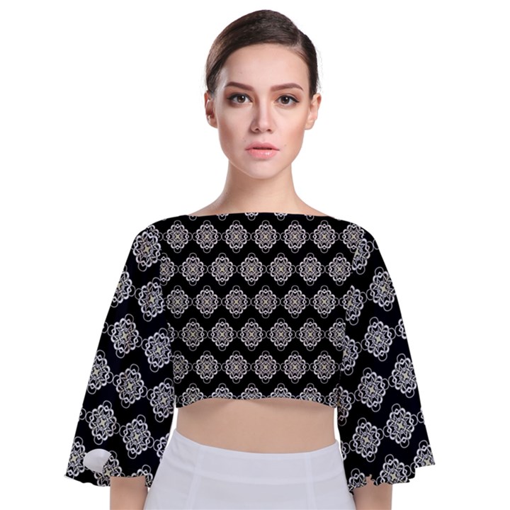 Abstract Knot Geometric Tile Pattern Tie Back Butterfly Sleeve Chiffon Top