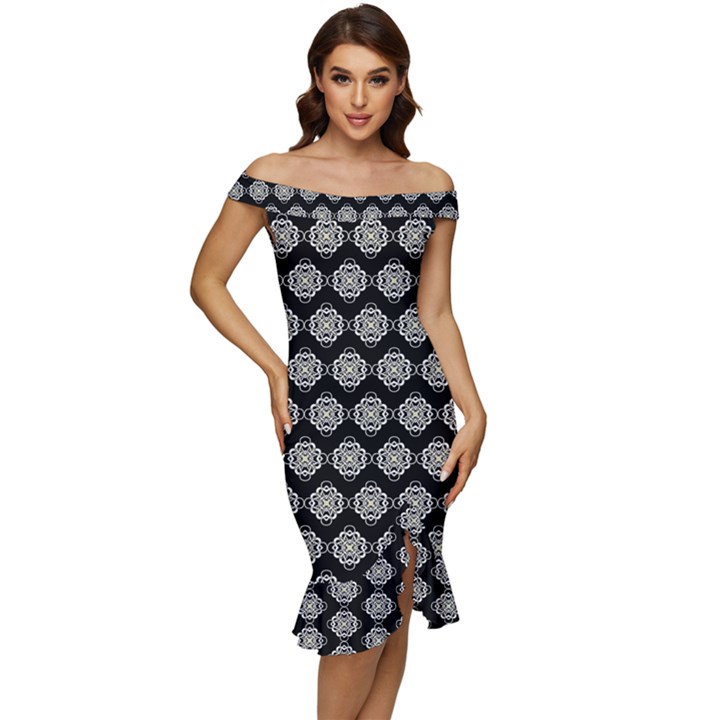 Abstract Knot Geometric Tile Pattern Off Shoulder Ruffle Split Hem Bodycon Dress