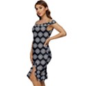 Abstract Knot Geometric Tile Pattern Off Shoulder Ruffle Split Hem Bodycon Dress View2