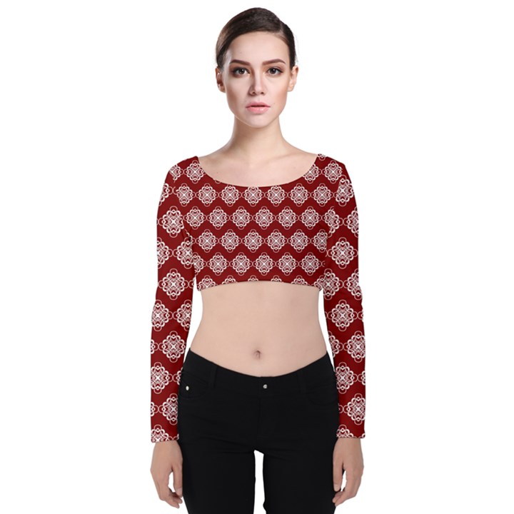 Abstract Knot Geometric Tile Pattern Velvet Long Sleeve Crop Top