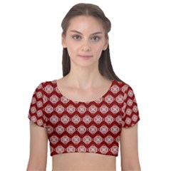 Abstract Knot Geometric Tile Pattern Velvet Short Sleeve Crop Top  by GardenOfOphir