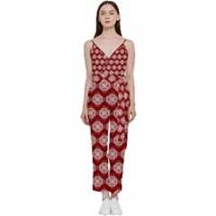 Abstract Knot Geometric Tile Pattern V-neck Spaghetti Strap Tie Front Jumpsuit by GardenOfOphir