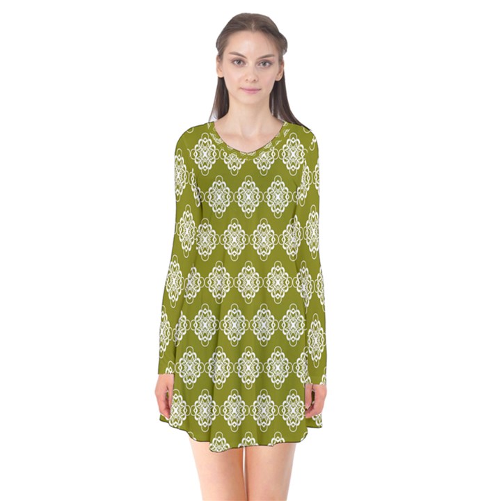 Abstract Knot Geometric Tile Pattern Long Sleeve V-neck Flare Dress