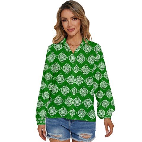 Abstract Knot Geometric Tile Pattern Women s Long Sleeve Button Down Shirt by GardenOfOphir