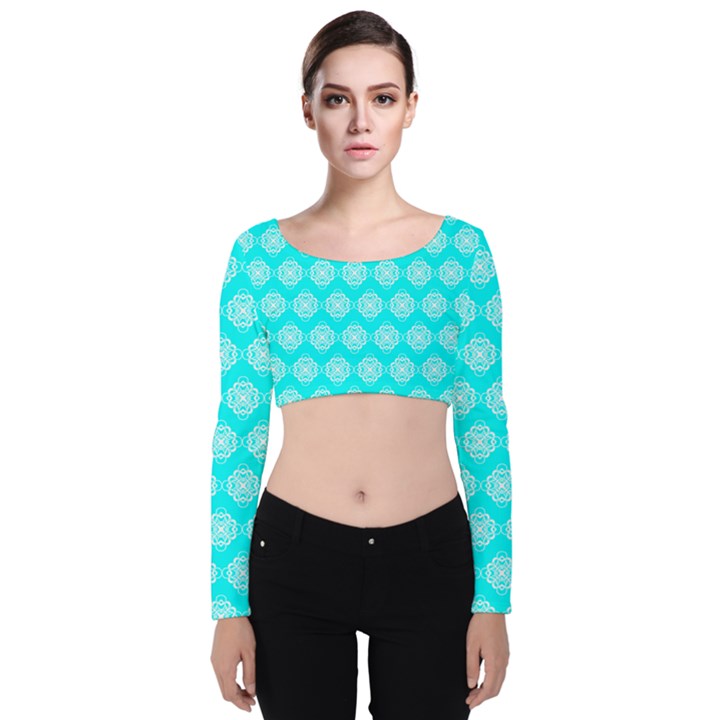 Abstract Knot Geometric Tile Pattern Velvet Long Sleeve Crop Top