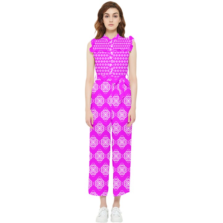 Abstract Knot Geometric Tile Pattern Women s Frill Top Chiffon Jumpsuit