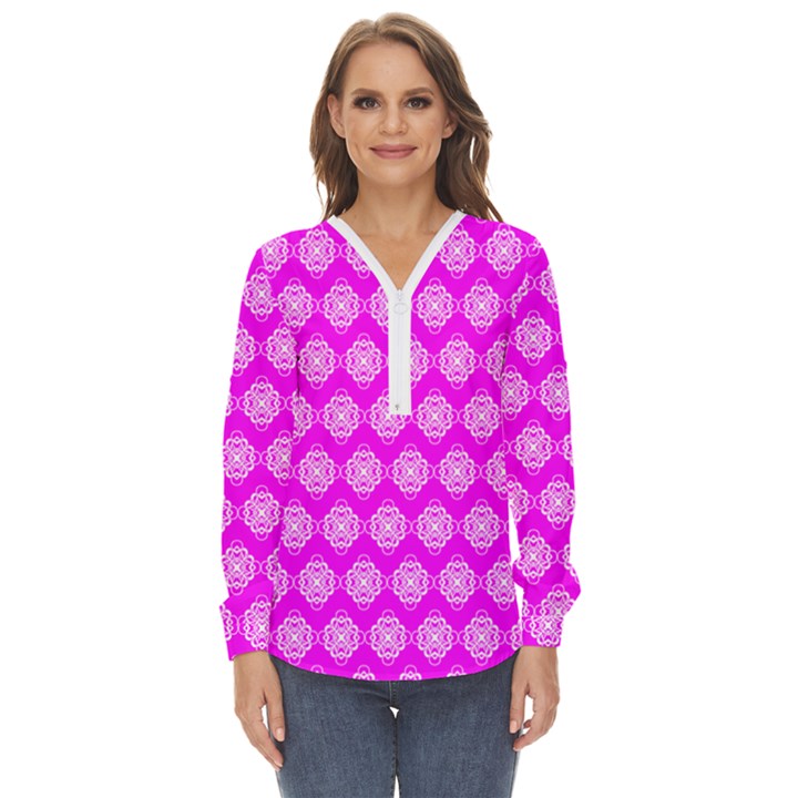 Abstract Knot Geometric Tile Pattern Zip Up Long Sleeve Blouse