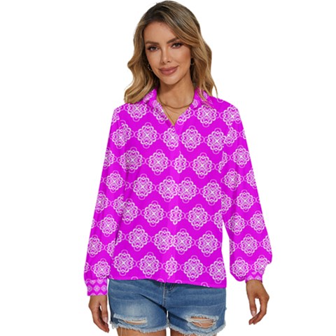 Abstract Knot Geometric Tile Pattern Women s Long Sleeve Button Down Shirt by GardenOfOphir