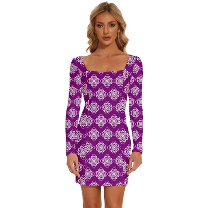 Abstract Knot Geometric Tile Pattern Long Sleeve Square Neck Bodycon Velvet Dress