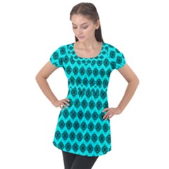 Abstract Knot Geometric Tile Pattern Puff Sleeve Tunic Top by GardenOfOphir