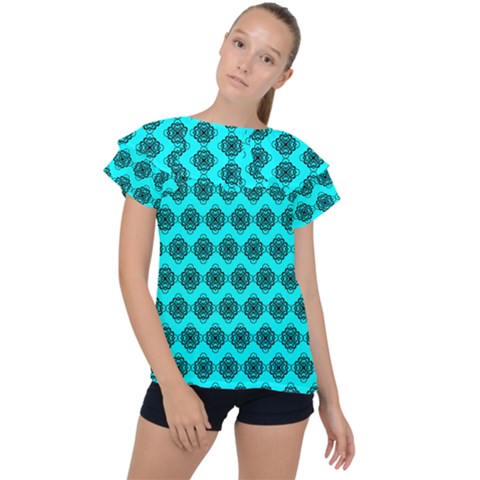 Abstract Knot Geometric Tile Pattern Ruffle Collar Chiffon Blouse by GardenOfOphir